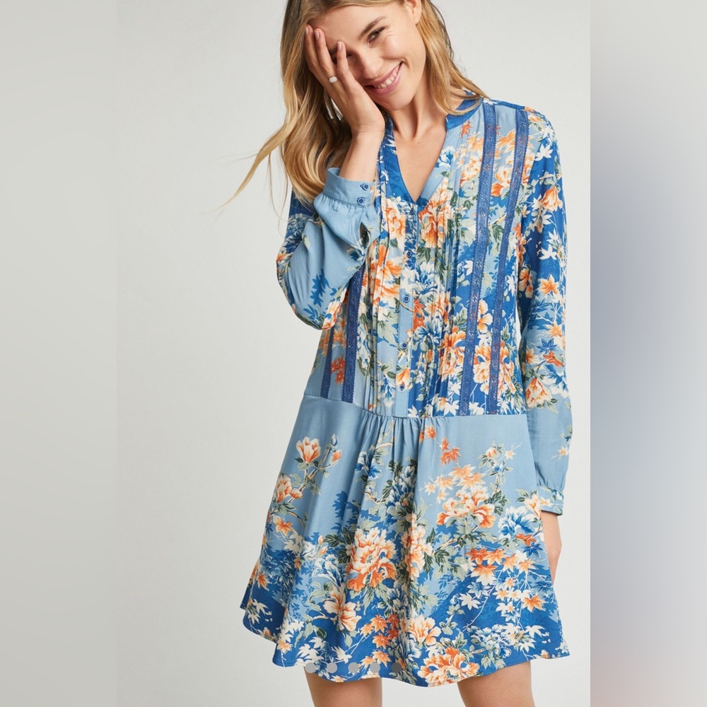 Anthropologie Gaina Floral Blue Dress by Tiny Size Medium